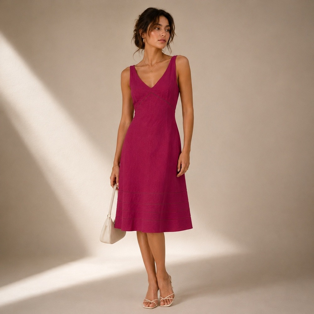 Ann Taylor Linen Dress Women 4 Pink Vintage 90s Y2K Midi Ladder Stitch Feminine
